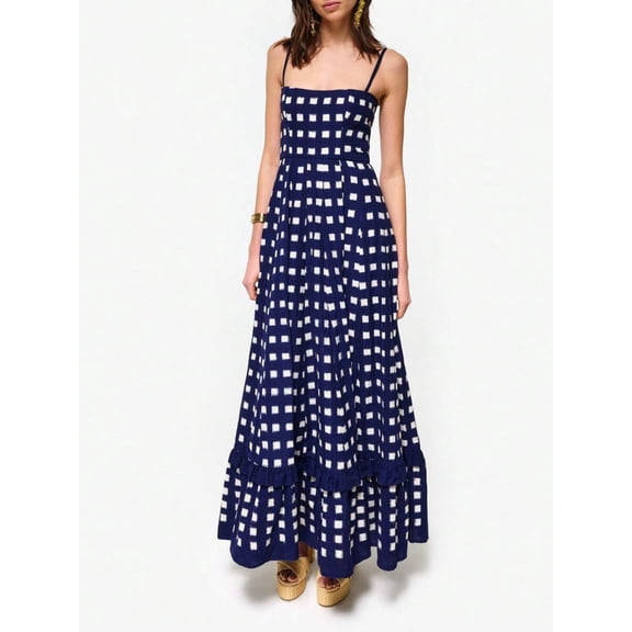 Navy Blue Checkerboard Print Sleeveless Spaghetti Strap Flowy Maxi Dress With Ruffle Hem