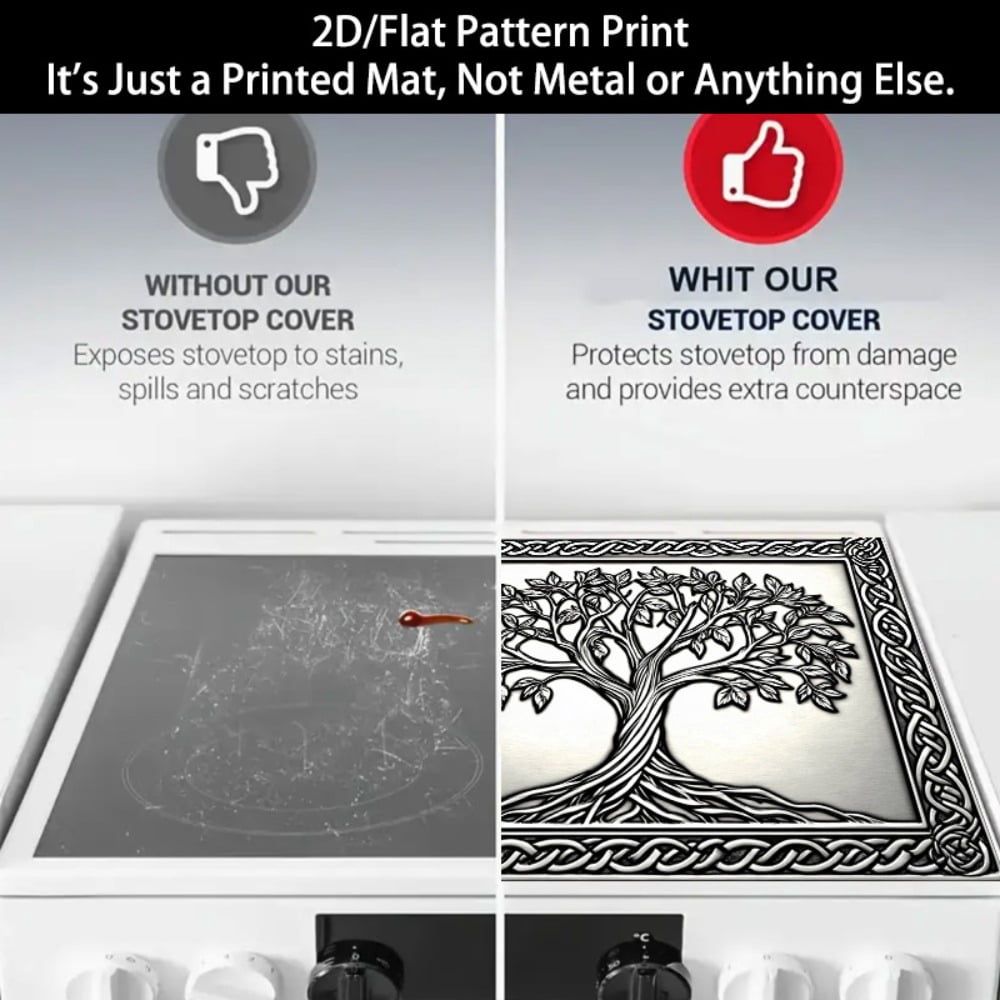 1 2D/flat stove cover protection pad, Celtic junction frame embossed tree pattern design, 28.3x20.5 inches (72×52cm), easy to clean, perfectly suitable for any kitchen, washing machine, dryer, stove