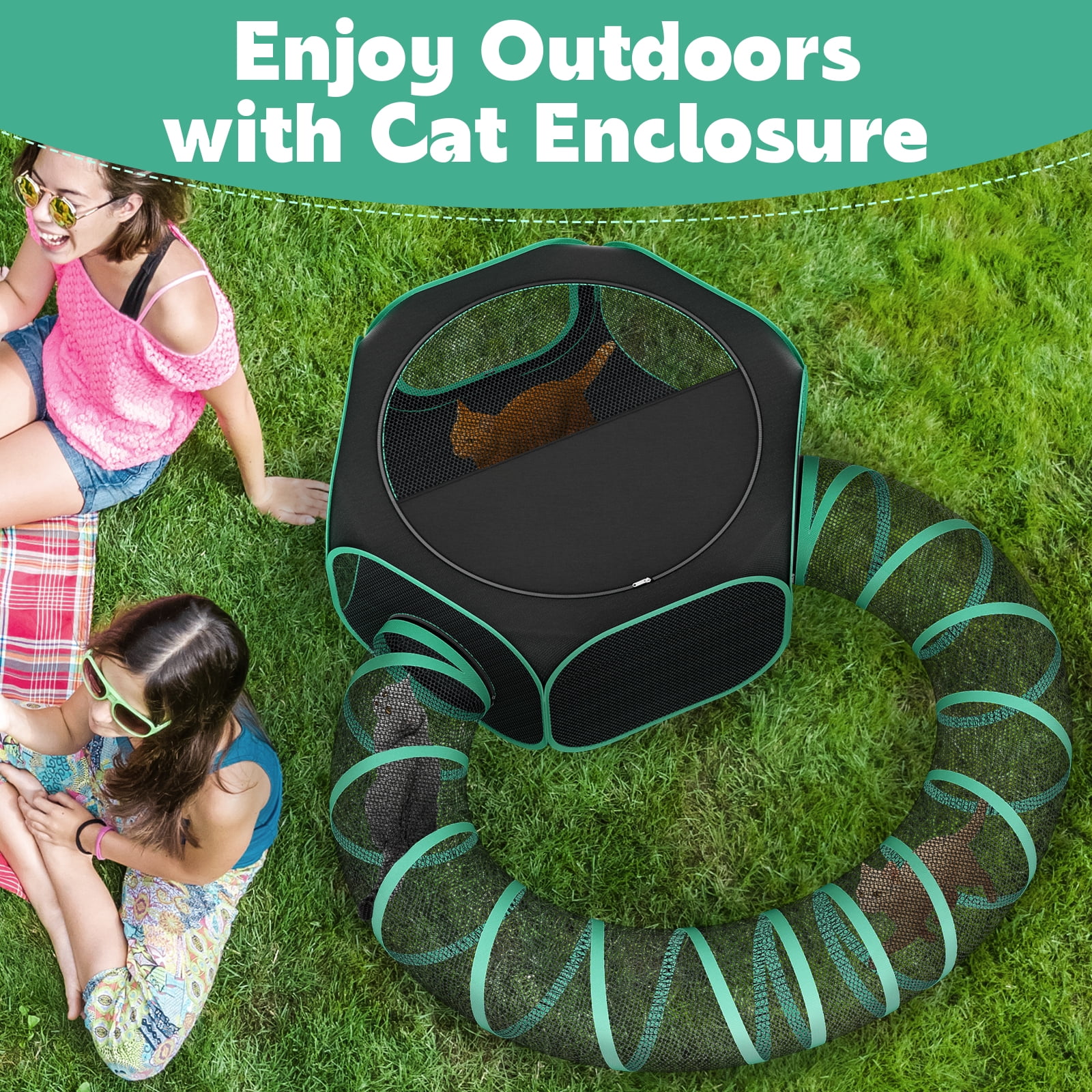 Hutact All-in-1 Pet Playpen with Tunnel for Cats Rabbits Exercise, 47" Portable Cat Playpen with Shade Top for Indoor/Outdoor Travel Small Dog Playpen