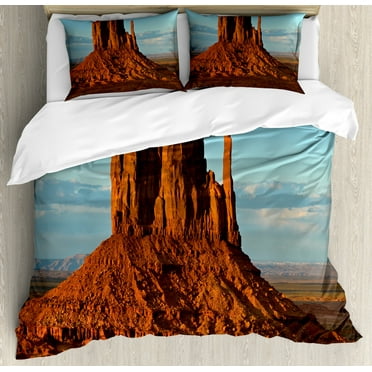 House Decor Queen Size Duvet Cover Set, Panorama of Popular American Canyon by Process of Long Erosion and Wind Theme, Decorative 3 Piece Bedding Set with 2 Pillow Shams, Blue Orange, by Ambesonne