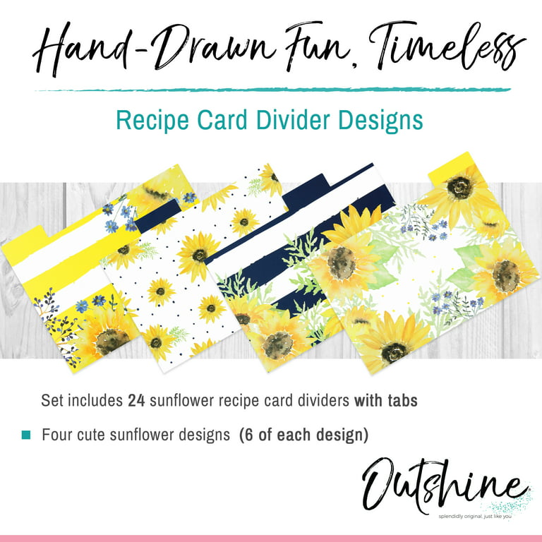 Outshine 24 Pk Premium Recipe Card Dividers 4x6 with Tabs, Sunflower Design  Recipe Box Dividers