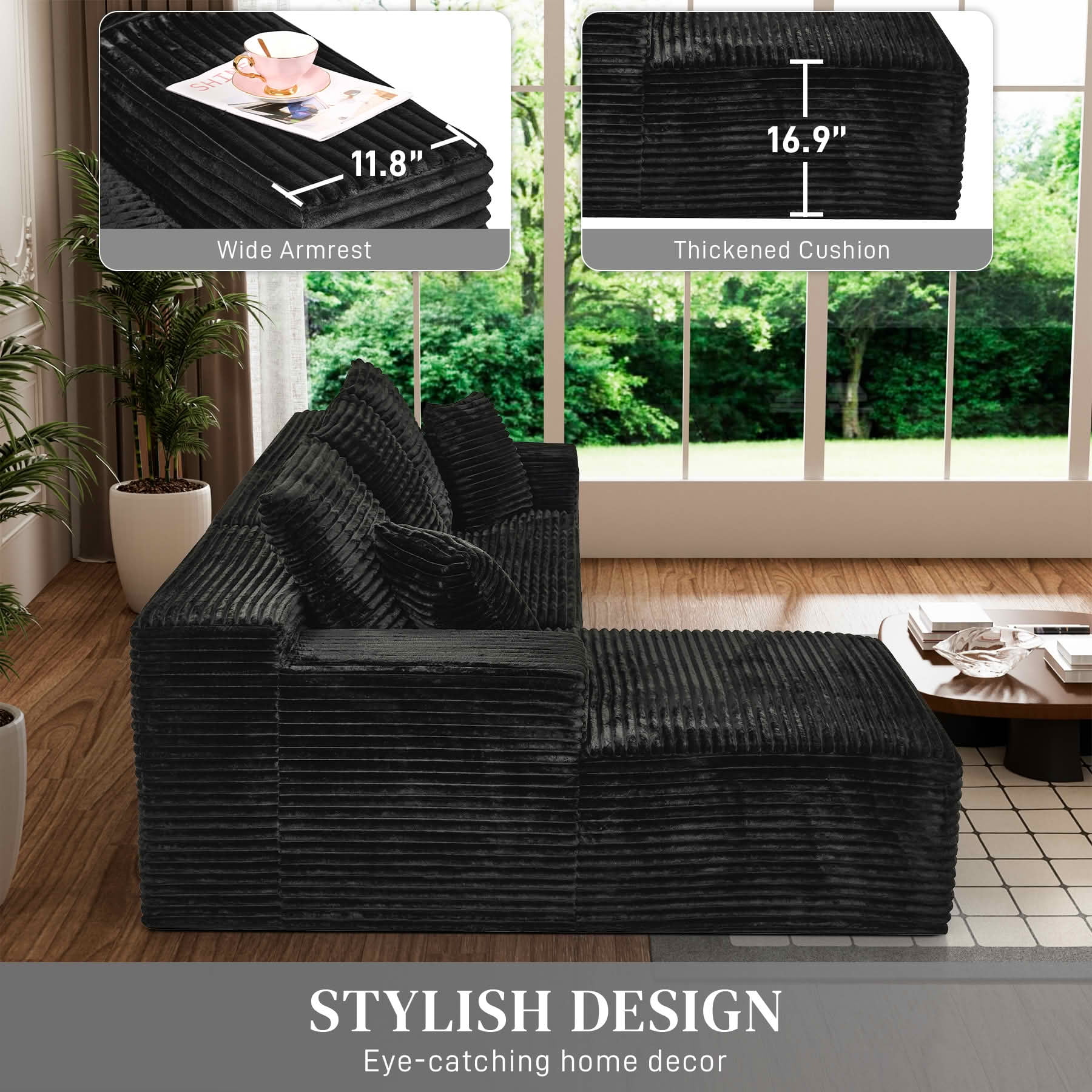 MAYEERTY 107-Inch Black Faux Rabbit Hair Corduroy 6-Seat L-Shaped Modular Cloud Sofa, Minimalist Deep Seat Sleeper Sectional with Recliner, No Assembly Required