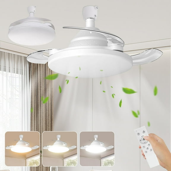 Invisible 21"Dimmable Ceiling Fan Light Retractable Blade Dining Room Chandelier