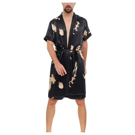 Clearance!Yoodem Robe for Men Mens Bathrobes Nightgown Sleeve Uni Cardigan Imitation andsummer Short Thin Robe Bath Robe Black M
