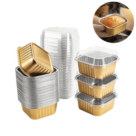 30Pcs Aluminum Foil Baking Cups, Disposable Dessert Containers, Square Foil Bake Pans with Clear Plastic Lids, Gold