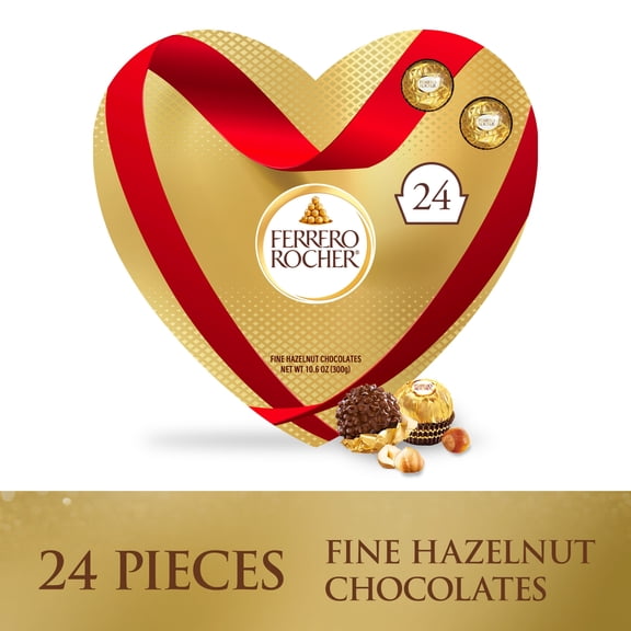 Ferrero Rocher Fine Hazelnut Chocolates, Valentine’s Day Heart Gift Box, 24 Piece Premium Chocolate for Gifting, 10.6 oz