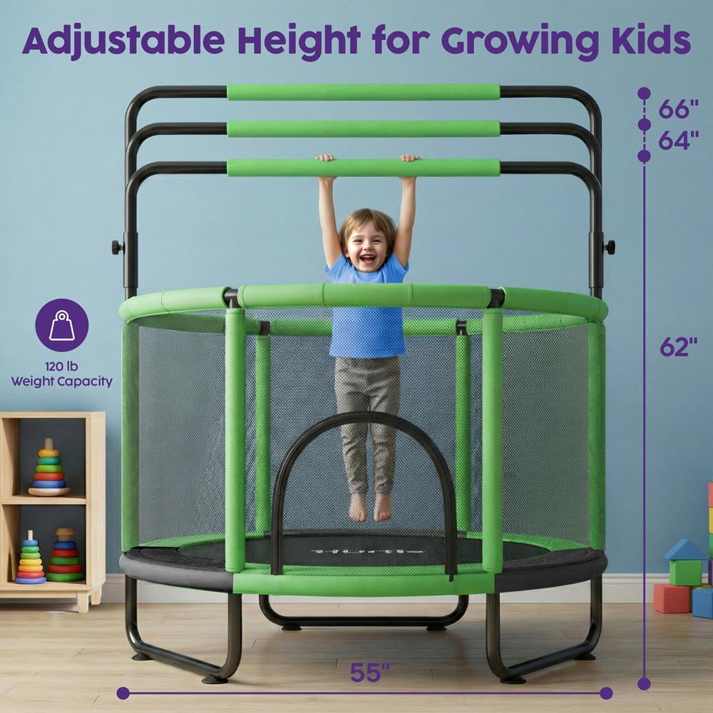 Hurtle 55" Kids Trampoline with Safety Enclosure – Indoor/Outdoor Toddler Trampoline with Adjustable Gymnastics Bar, Swing, Boxing Bag & Rings, 440 lbs Capacity