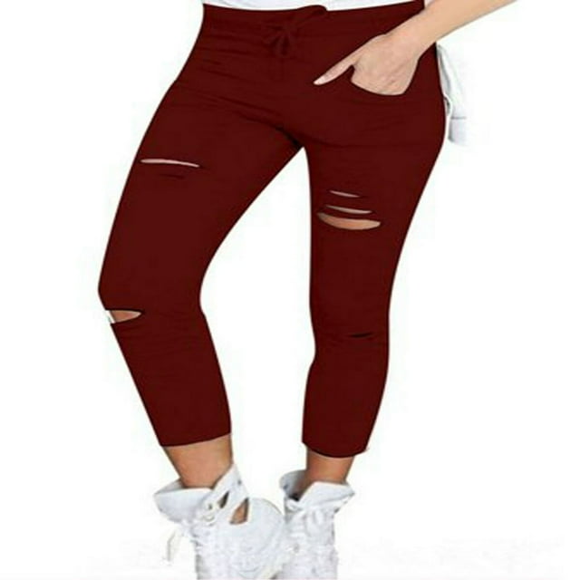 Women‘s Ripped Jeans Denim Pencil Pants High Waist Stretch Long Trousers Jeggings