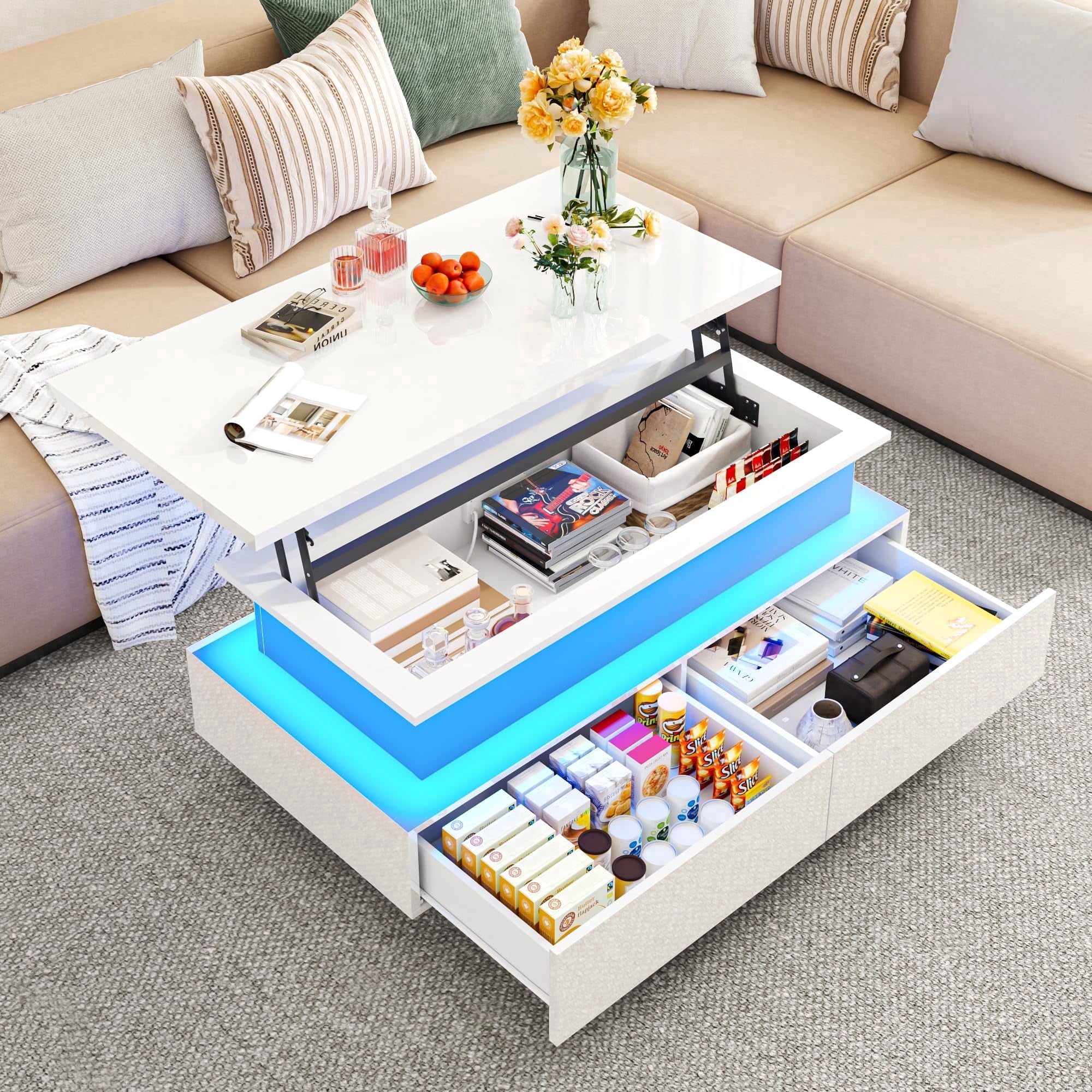 ANPOO 43.3" High-Glossy LED Coffee Table with 2 Sliding Drawers, Lift top Storage Coffee Table with Power Outlet and LED Lights for Living Room, Modern Stylish Double-Layer Center Tables, White