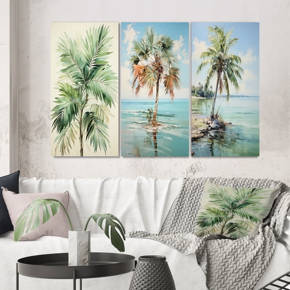 Designart "Minimalism Plam Tree silence III" Floral Wall Art Set Of 3 - Green Palms & Palm Trees Gallery Wall Set For Home Decor