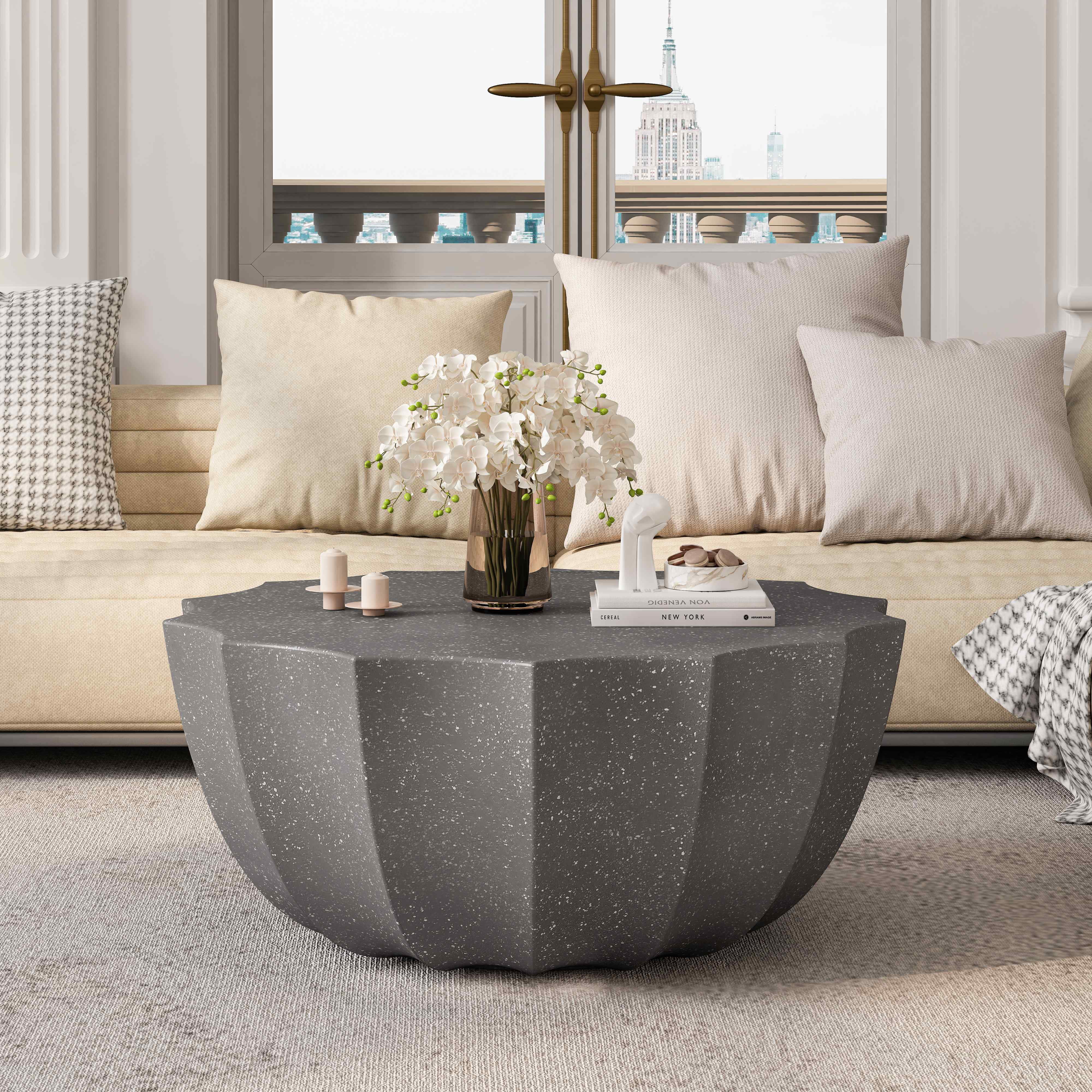 FFH 35.43" Coffee Table for Indoor & Outdoor, Modern Cement Table for Living Room, Patio, Backyards, Gray