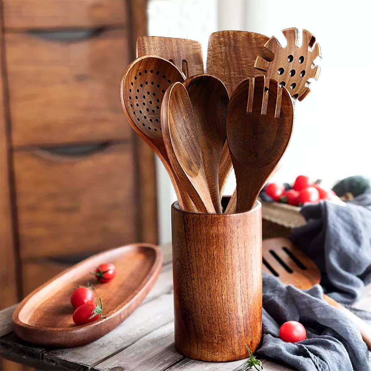 Wooden Spoons for Cooking – Wooden Utensils for Cooking Set with Holder &  Spoon Rest, Teak Wood Spoons and Spatula, Nonstick Natural Kitchen Cookware  – Durable Set of 13Pcs by Woodenhouse –
