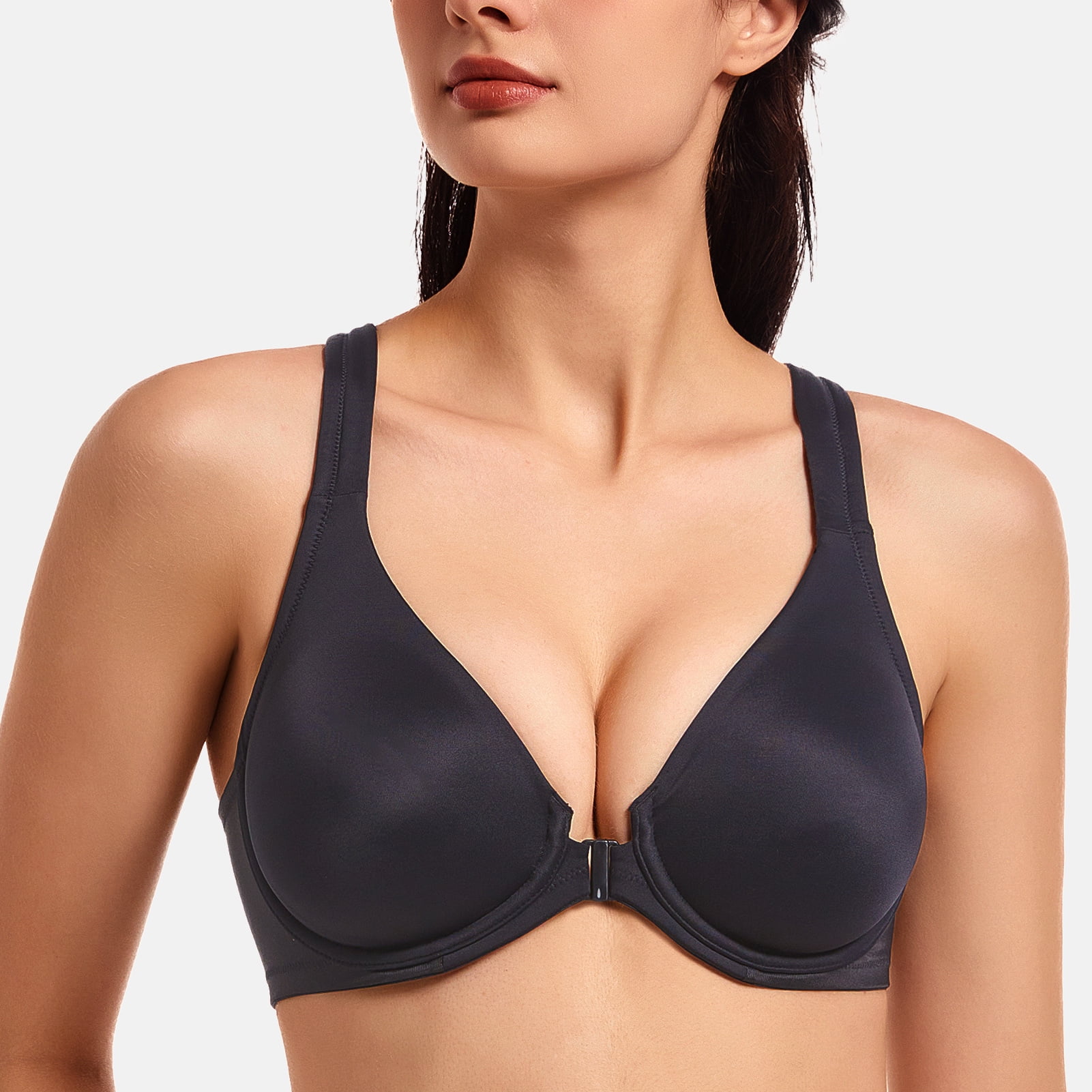 MELENECA Women's Racerback Front Closure Bras Plunge Unlined Full Coverage Seamless Underwire Bra Black 36DD