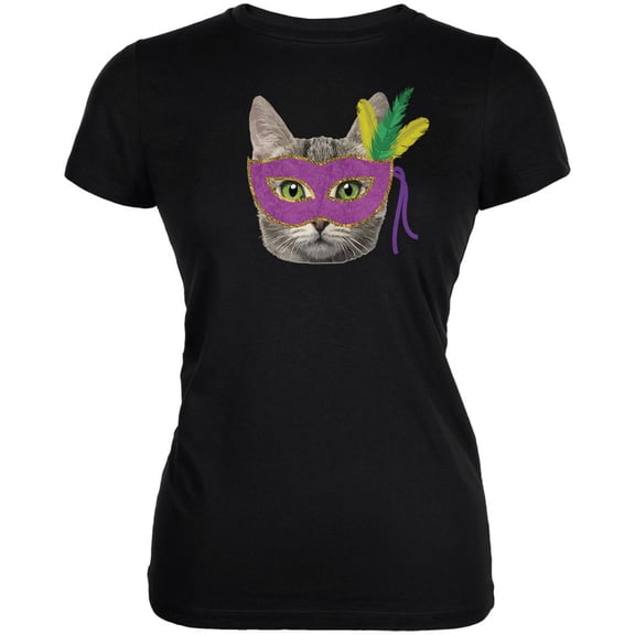 Mardi Gras Mask Funny Cat Black Juniors Soft T-Shirt - Large