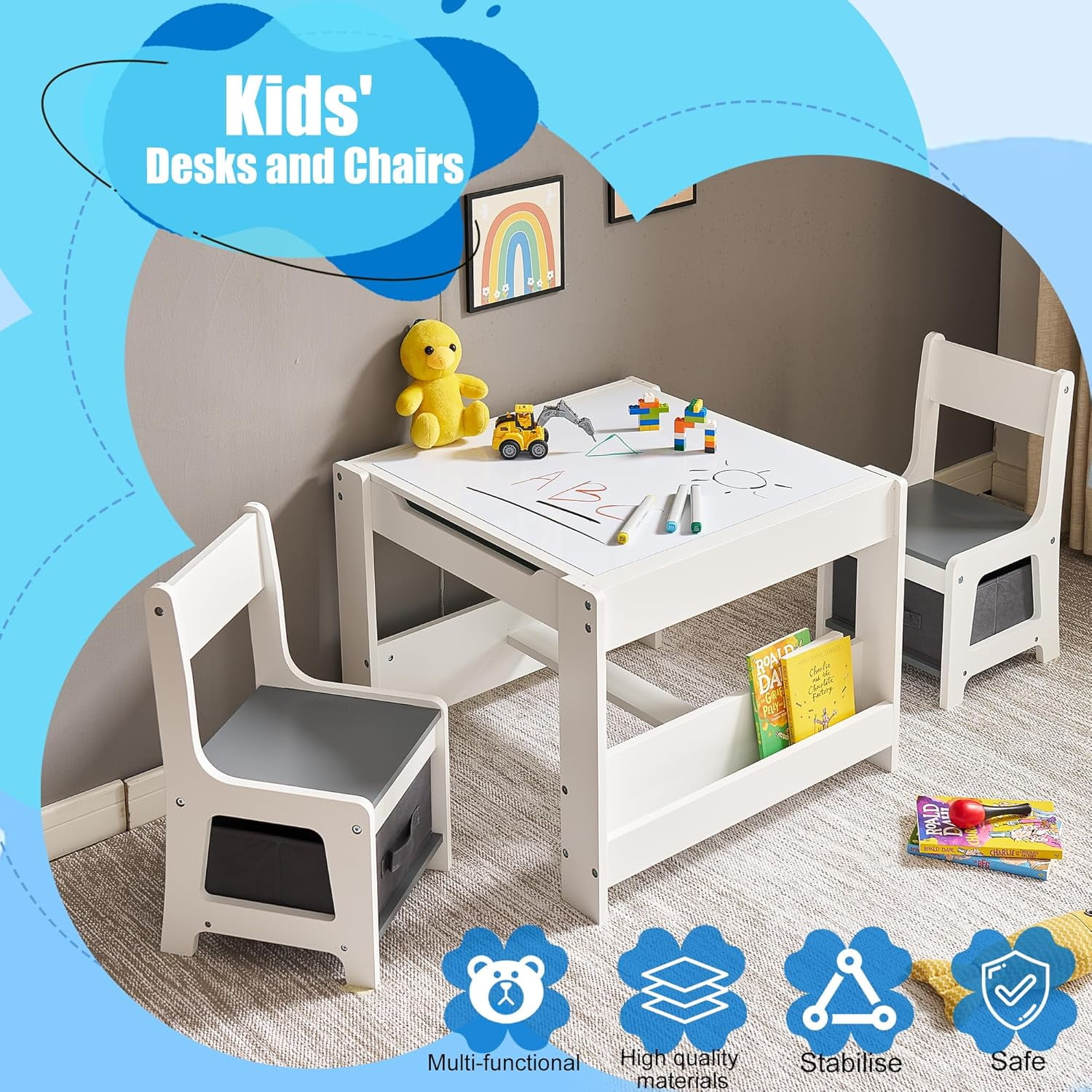 Kids Table and Chair Set, 4 in 1 Wooden Activity Table with Bookshelves and Storage Drawer, 2 in 1 Detachable Tabletop Construction Play Table Set for Toddlers Drawing, Reading