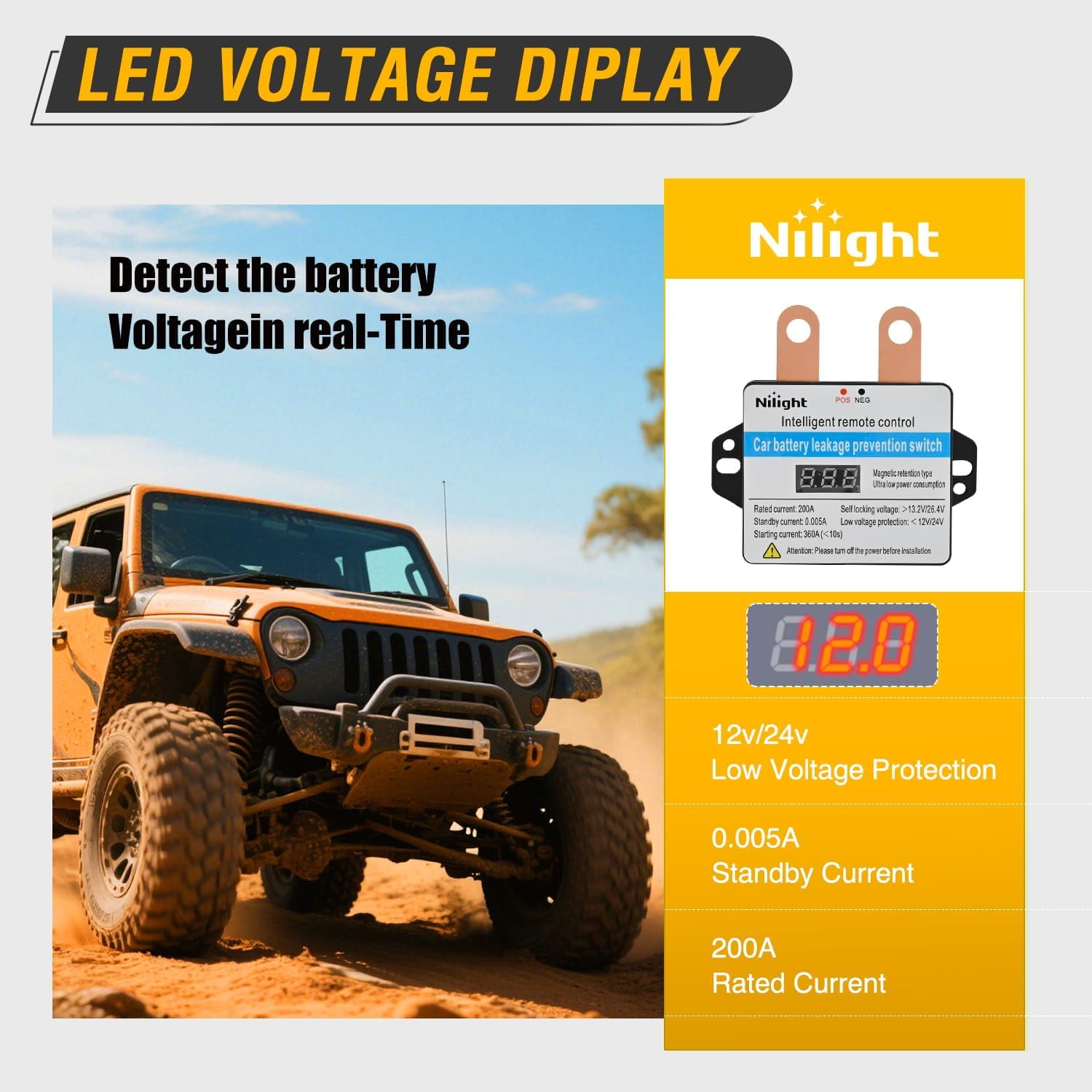 Nilight Remote Battery Disconnect Switch 12V 24V 360A Car Smart Anti-Theft Kill Switches Upgrade Prevent Power Drain with Wireless Remote Control Relay Fobs Voltmeter Display for Auto Truck RV Boat