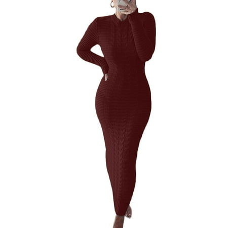 

Women Long Sleeve Knitted Dress Crochet Pattern Solid Color Ribbed Round Collar Casual Long Club Party One-Piece
