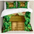 thumbnail image 1 of Forest Duvet Cover Set King Size, 3D Digital Art Illustration of a Wooden Hut Shelter in the Forest and Sun, Decorative 3 Piece Bedding Set with 2 Pillow Shams, Multicolor, by Ambesonne, 1 of 3