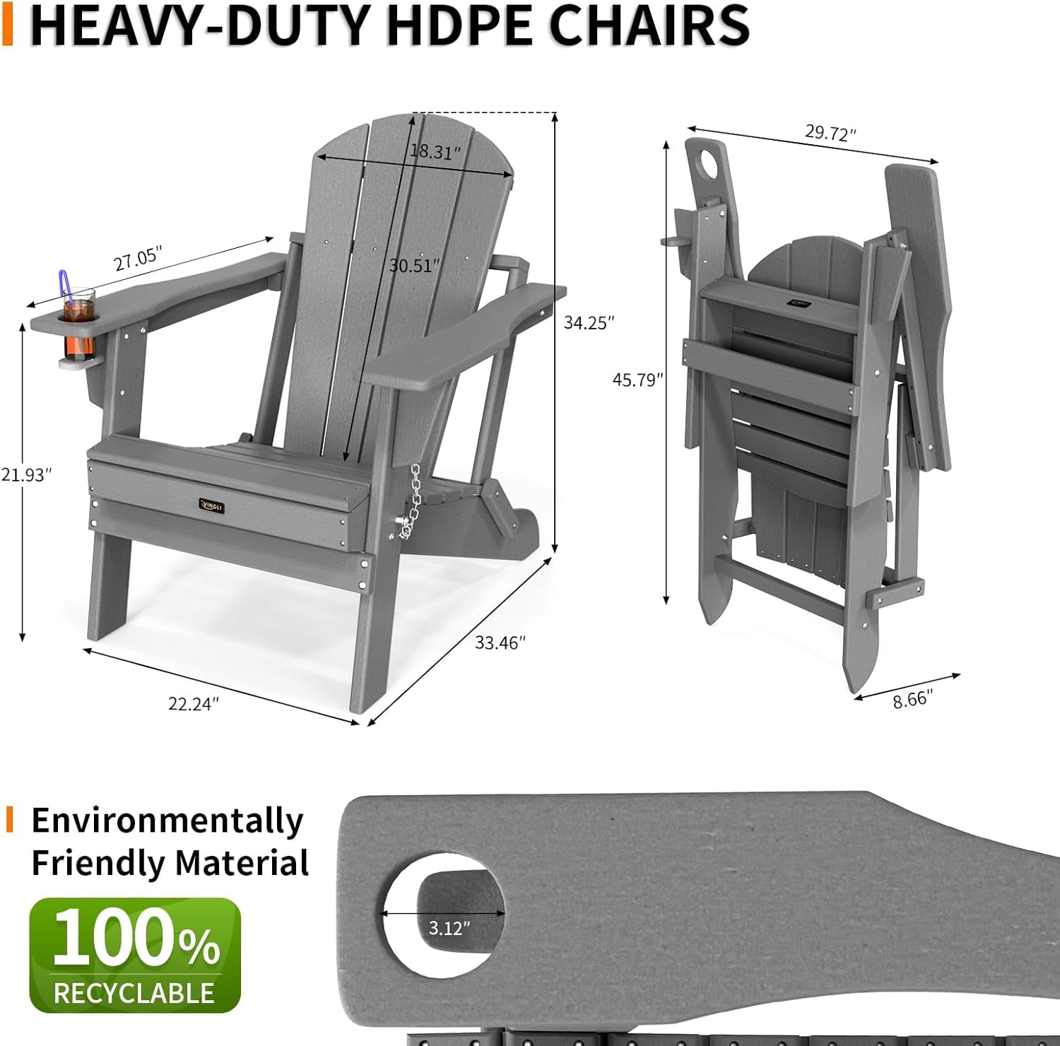 WBTER Plastic Adirondack Chairs, Folding with Cup Holder, Waterproof HDPE Material, Comfortable 380lb Weight Capacity for Outdoor Pool Patio Lounge Chair Lawn Furniture Firepit (Gray)