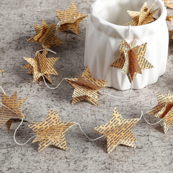 Vintage Newspaper Star Paper Garland, 4‑pack, Bunting Banner for Wedding, Holiday and Party Decorations