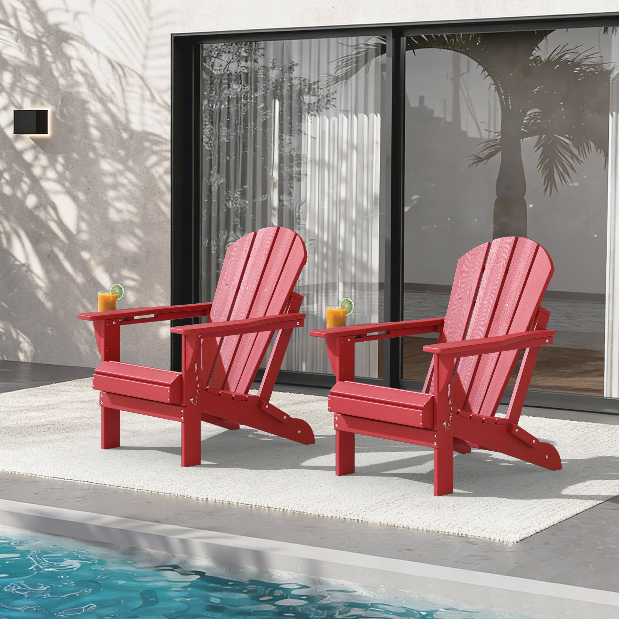 Folding Adirondack Chair Set of 2, Oversized HDPE Plastic Patio Chairs, Red
