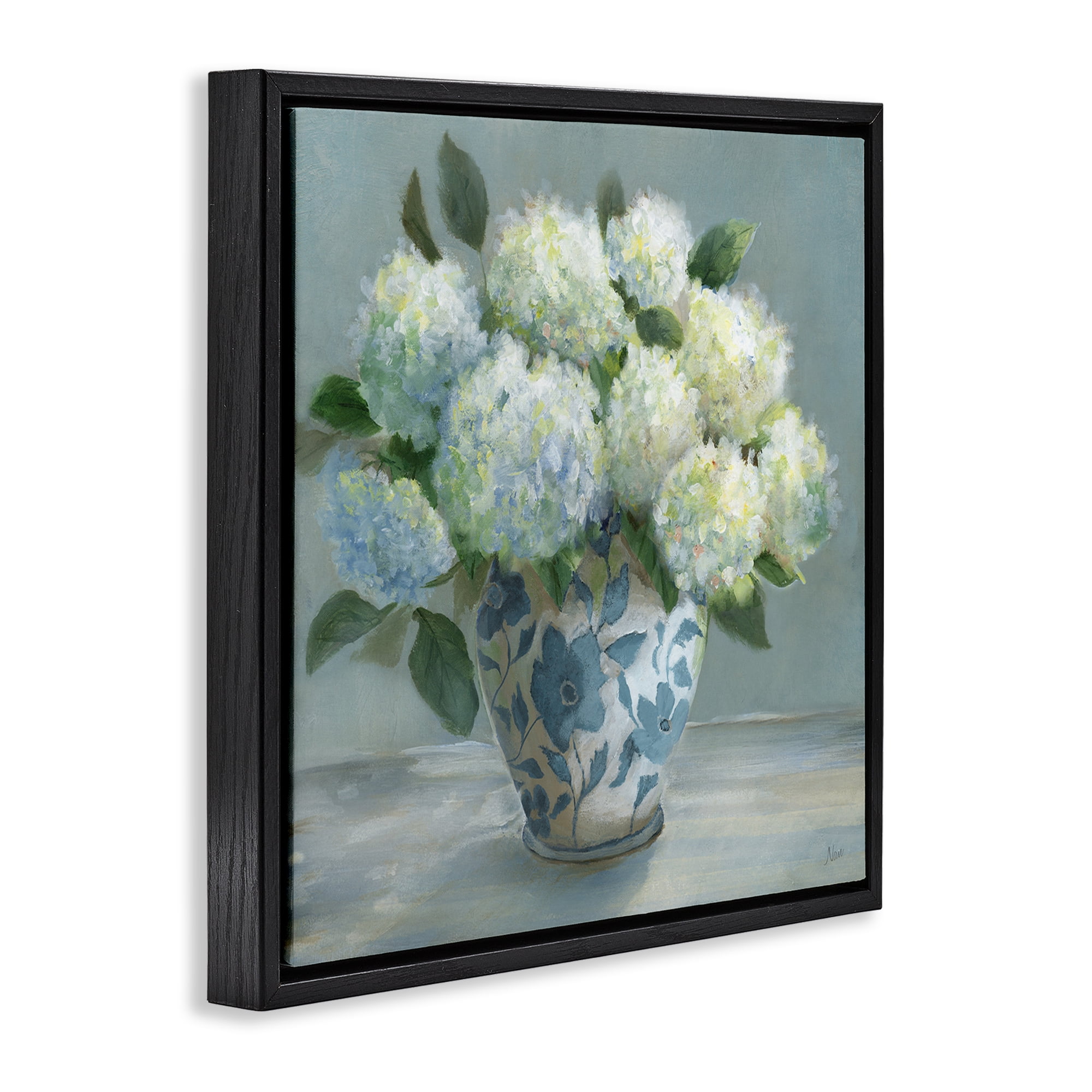 Stupell Industries Hydrangeas in Elegant Vase Black Framed Floater Canvas Wall Art, design by Nan