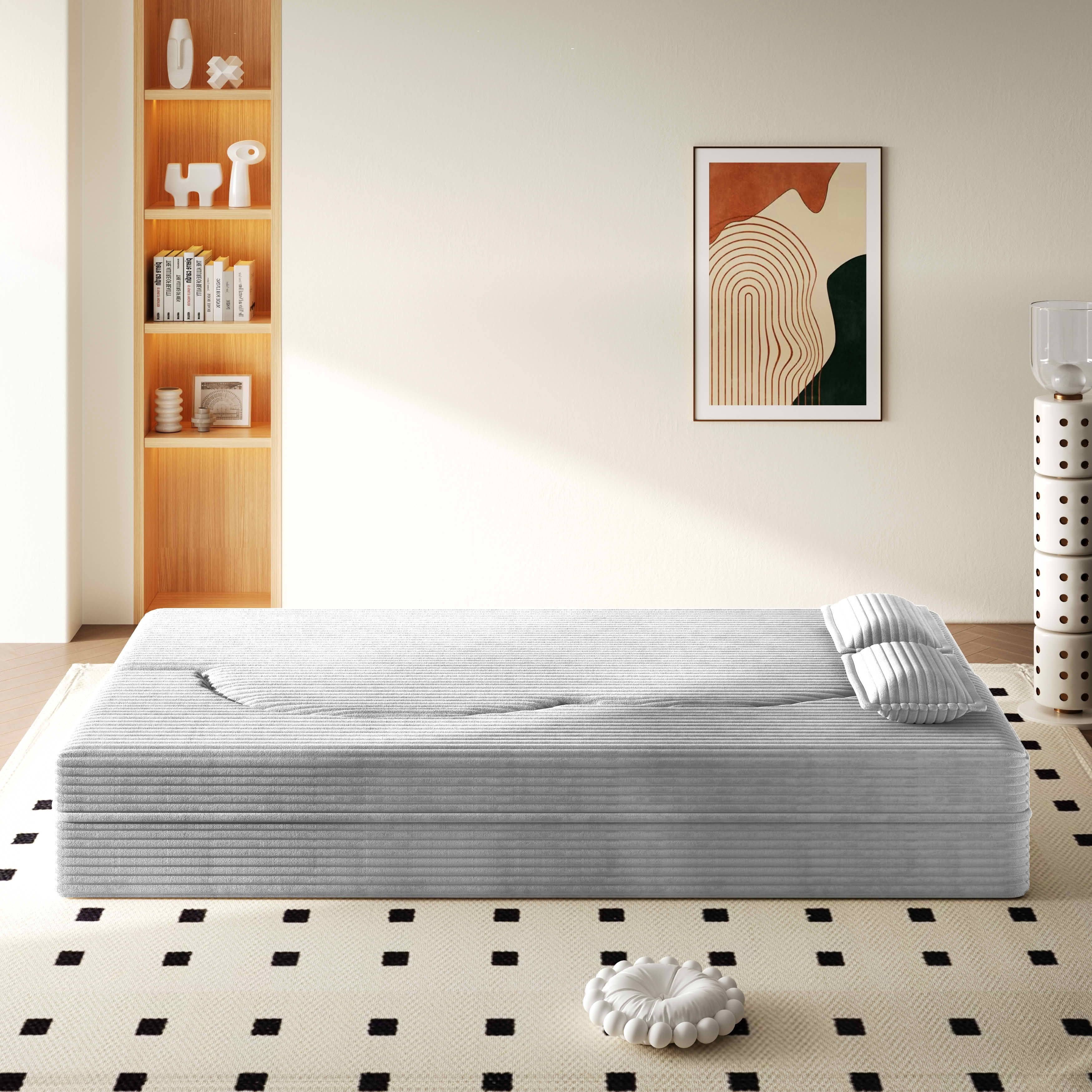 MAYEERTY Twin Corduroy Foldable Foam Floor Sofa Bed, Zero Assembly Vacuum Compressed Sleeper with 2 Pillows
