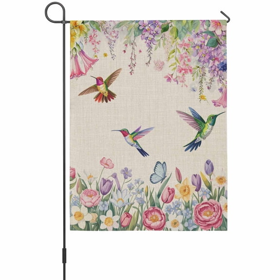 Spring Florals Garden Flag 12 x 18 Inches, Vintage Watercolor Colorful Floral Leaf Birds Linen Texture Weather Proof Outdoor Patio Flags Double Sided Small Garden Decoration for Yard Outside Home