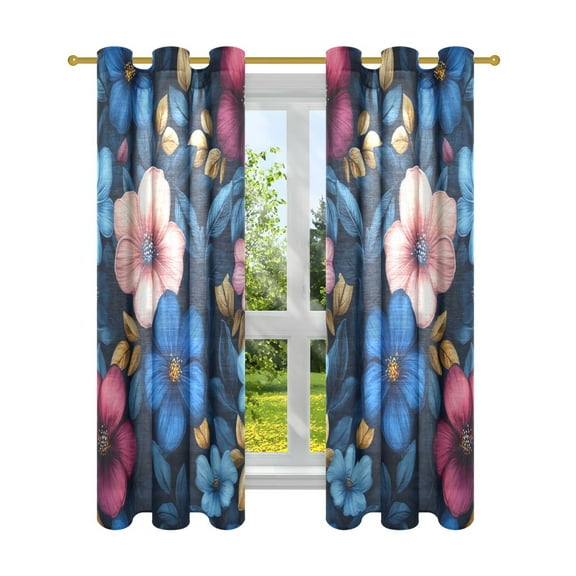 Blue and Pink Floral Fantasy Semi Sheer Curtains for Living Room Bedroom Set of 2 Insulated Window Drapes