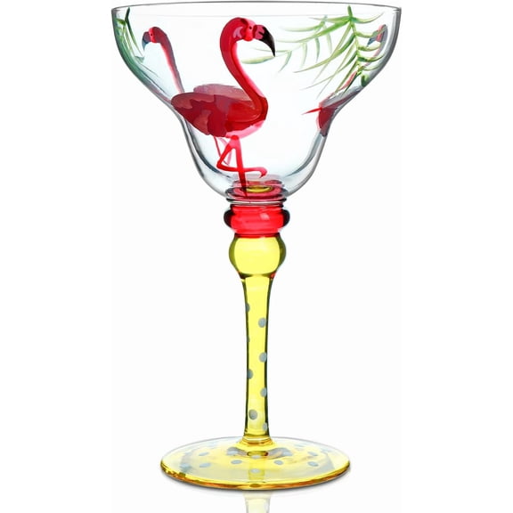 Hand Painted Margarita Glass - Moroccan Collection - Hand Painted Glassware by Artists - Unique and Decorative Margarita Glasses, Kitchen Table Décor (Flamingo)