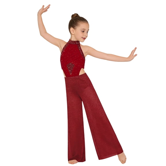 Eandarui Kids Girls Lyrical Dance Outfit Wide Leg Jumpsuit Sparkly Rhinestone Jazz Ballet Gymnastics Leotard Dress Burgundy 10