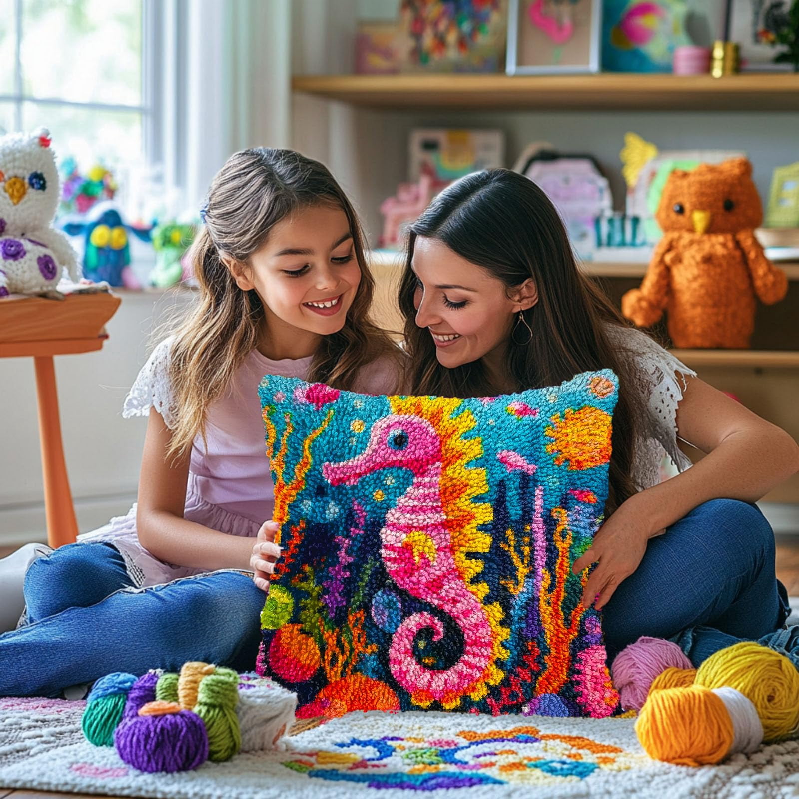 Cartoon Sea Horse DIY Latch Hook Pillow Kits for Adults Printed Pillowcase Crochet Yarns Hooking Handmade Pillow Cover Cushion for Home Sofa Decoration 17x17inch