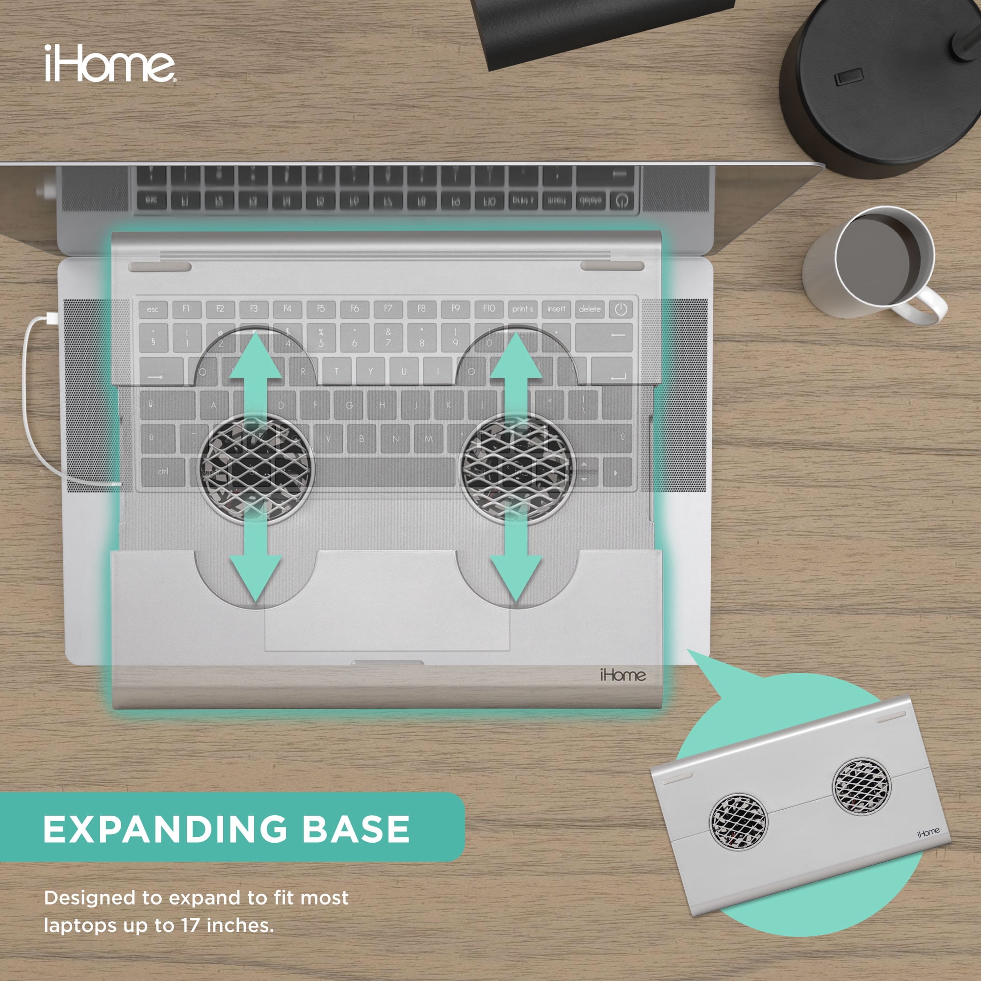 iHome Laptop Cooling Pad with Expandable Base, Dual Fans, Adjustable Height, USB-Powered