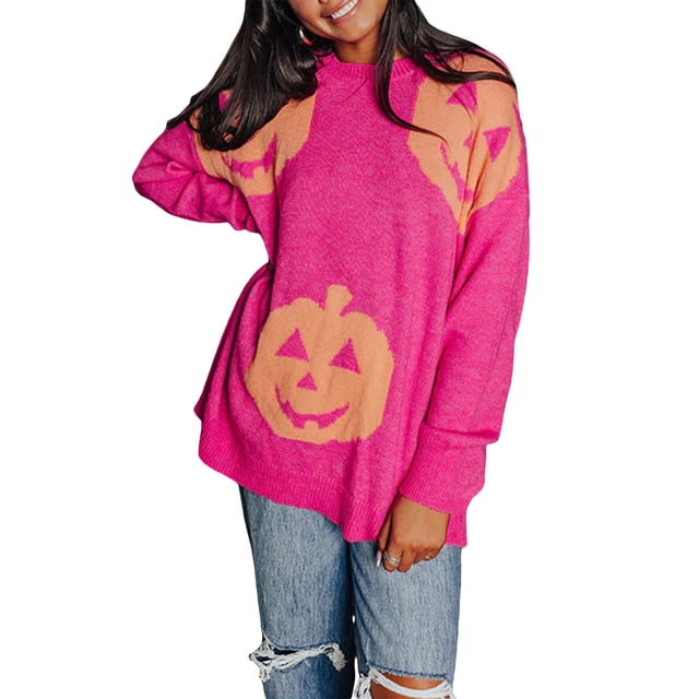 Gupgi Chandail d'Halloween pour Femmes Ample à Imprimé Citrouille, Chandail à Col Rond à Manches Longues pour l'Automne et l'Hiver