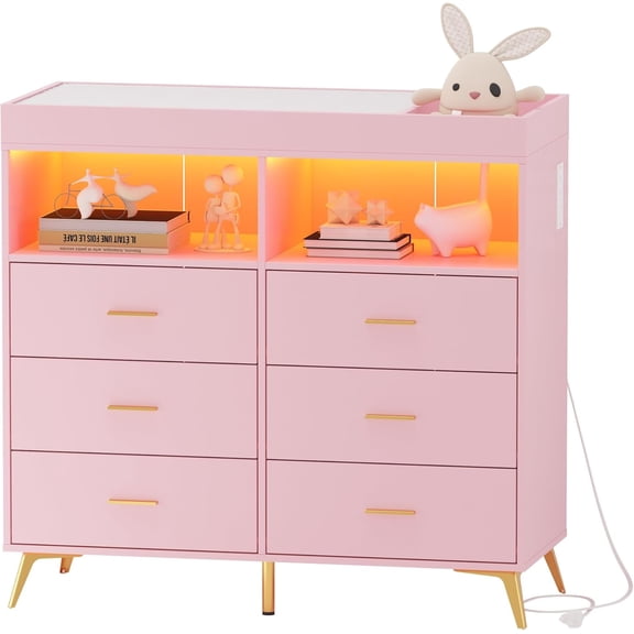 Garvee Dresser for Bedroom with LED Lights and Power Outlet, Baby Changing Table Dresser with 6 Drawers, 2 Open Storage Shelves, Baby Dresser with Changing Table Top, Pink