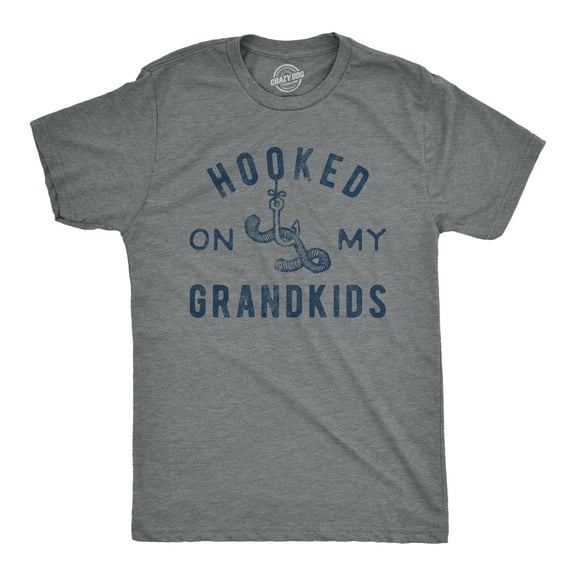 Mens Hooked On My Grandkids T Shirt Funny Fishing Grandpa Novelty Graphic Tee Graphic Tees