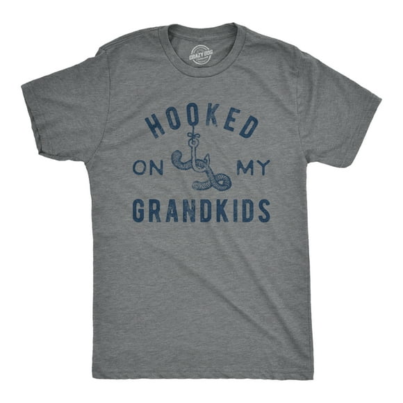 Mens Hooked On My Grandkids T Shirt Funny Fishing Grandpa Novelty Graphic Tee (Dark Heather Grey) - 5XL