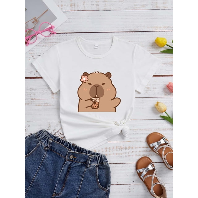 Girls' Cute capybara ' Printed Pattern T-shirt, Crew Neck Short Sleeve Casual Soft Tops, for Outdoor Activities
