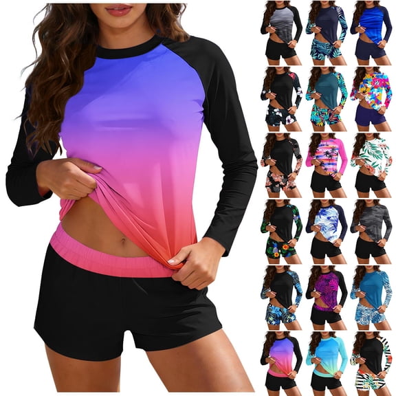 VBTAPA Women's Rash Guard Swimsuit Floral Print 2 Piece Long Sleeve Swimsuit Surfing Bathing Suit with Boyleg Swim Shorts Multicolor L