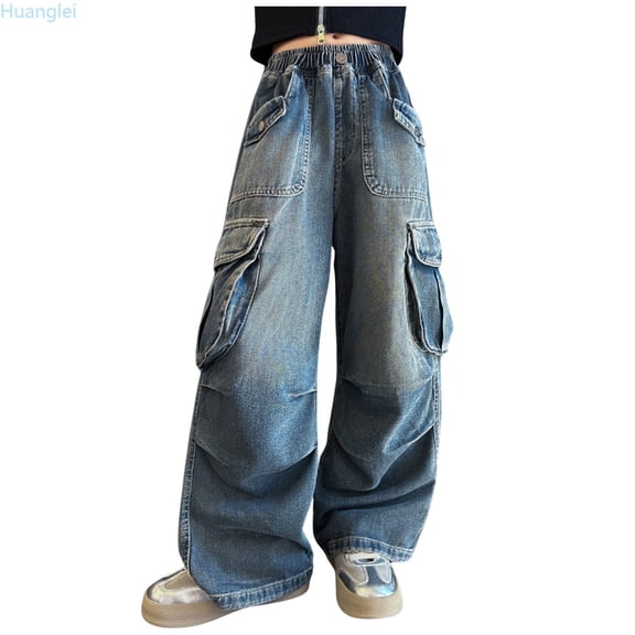 Huanglei Girls Cargo Baggy Pants Elastic Waist Wide Leg Jeans Loose Casual Demin Pants With Pockets Straight Leg Loose pants