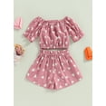 thumbnail image 4 of Mialoley Toddler Girls Summer Outfit Sets Short Sleeve Off Shoulder Tops + Heart Print Shorts with Belt, 4 of 9