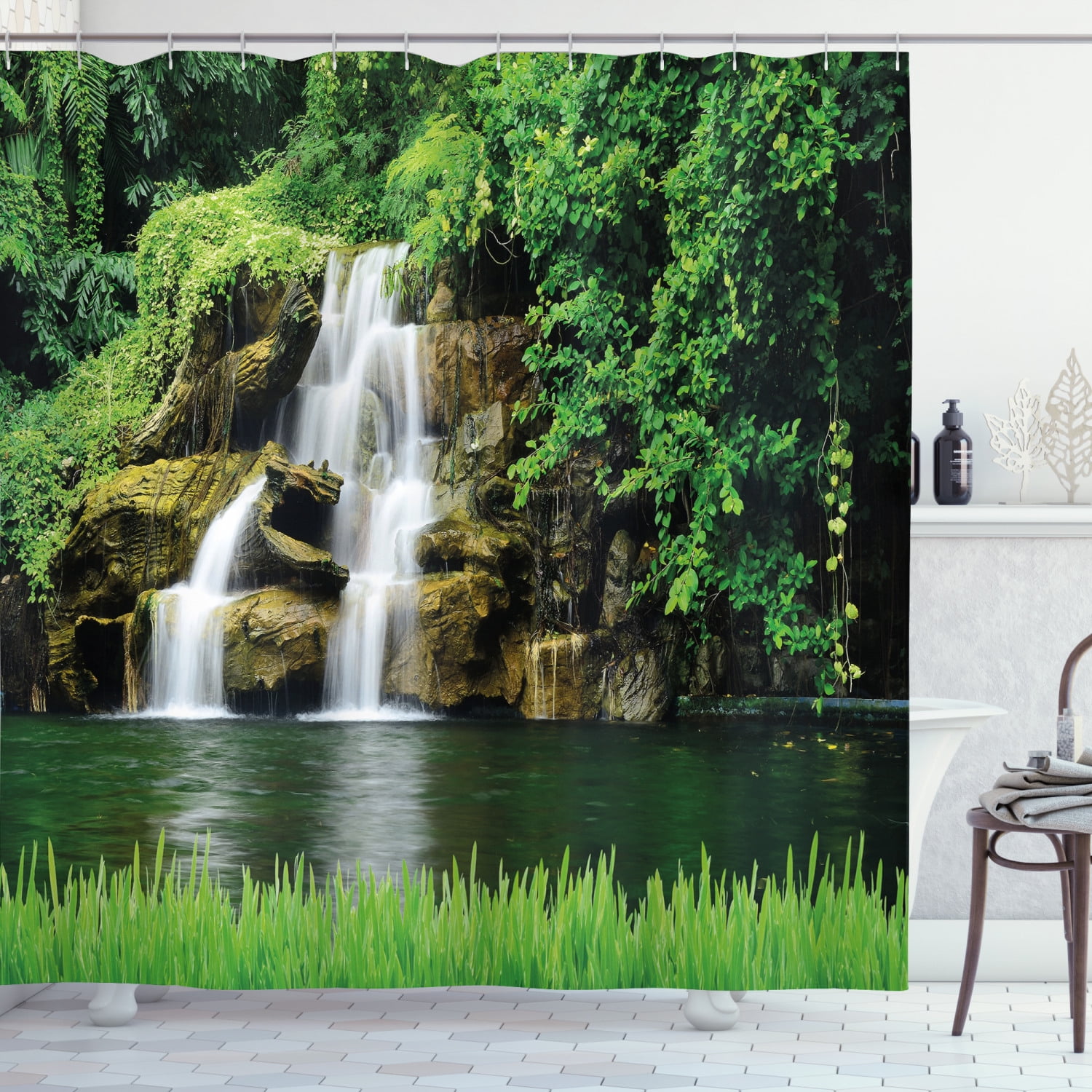 72X72" Nature Scenery Waterfall and Jungle Forest Green Shower Curtain Bath Mat 