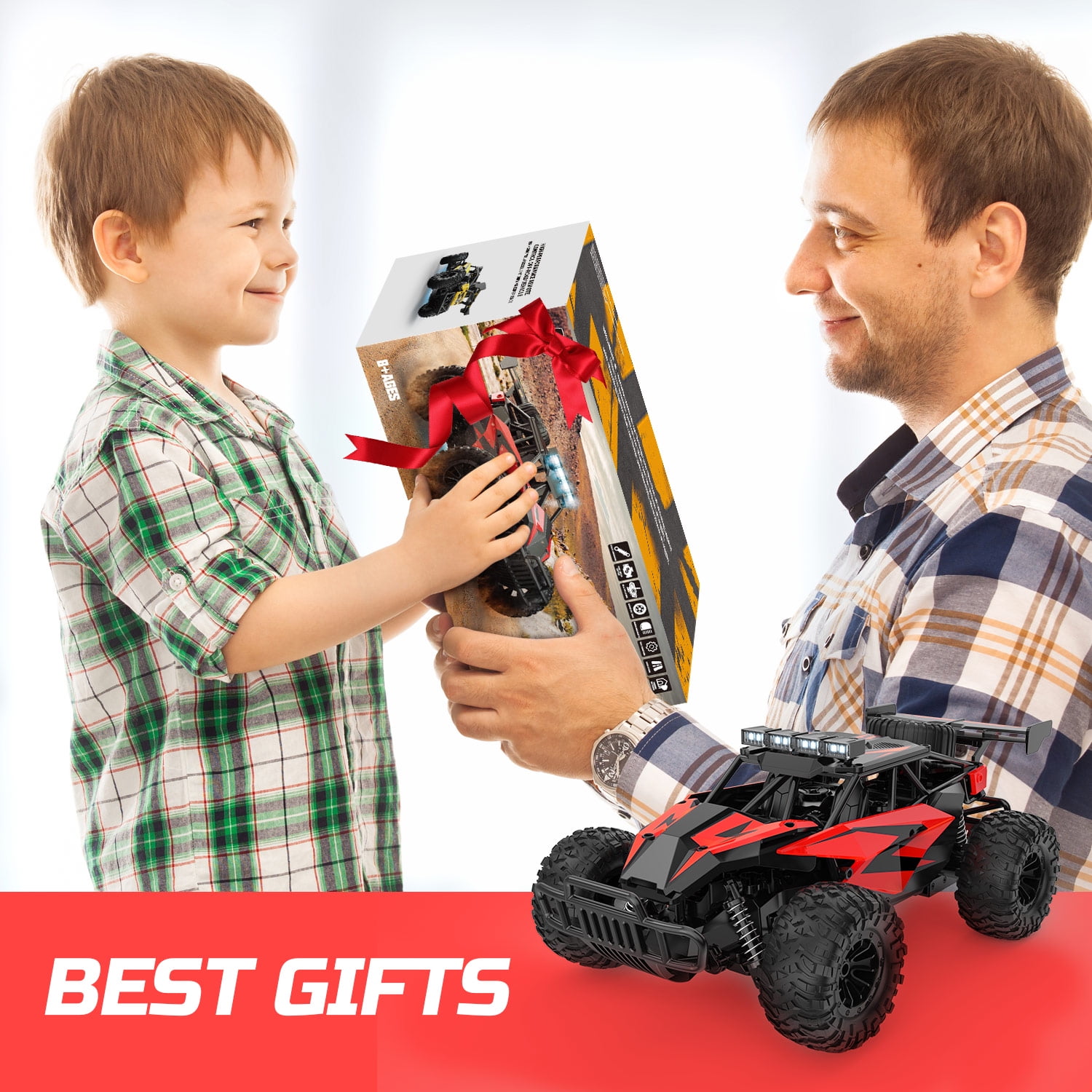 JoyStone RC Cars 1:14 Scale Remote Control Truck, 15+ mph High Speed Monster Truck with LED Headlights, Chassis Lights and 2 Batteries for Boys Kids, Red