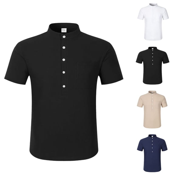 Antinious Mens Short Sleeve Button up Solid Pockets Stand Collar Top,White,XXL