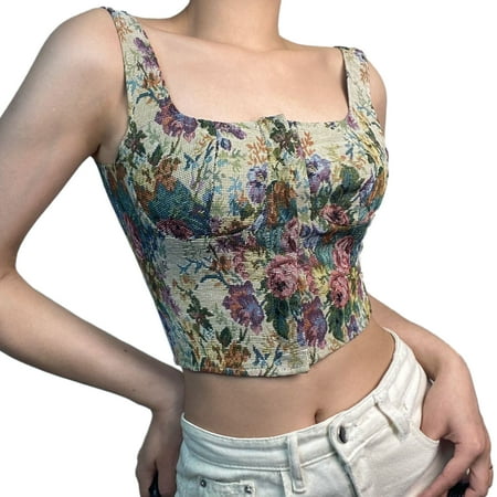 

Women Summer Vintage Sexy Corset Court Slim Fit Floral Square Collar Vest Ribbed Sleeveless Bustier Crop Top Apricot