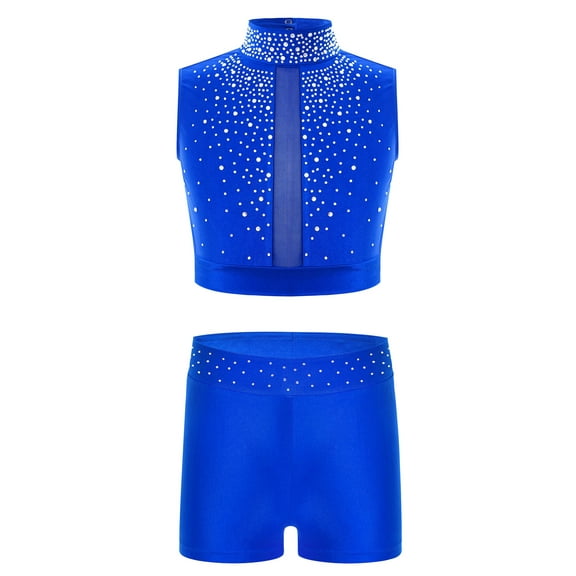 TSSOE Little Girl's Active Clothes Set Gymnastics Dance Outfit 6-16 Years Crop Top with Sport Shorts Blue 6