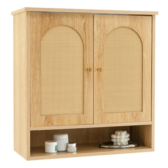 YYAo Bathroom Medicine Cabinet, Toilet Wall Cabinet,Medicine Cabinet with 2 Rattan Doors for Laundry Room Kitchen Entryway-Natural