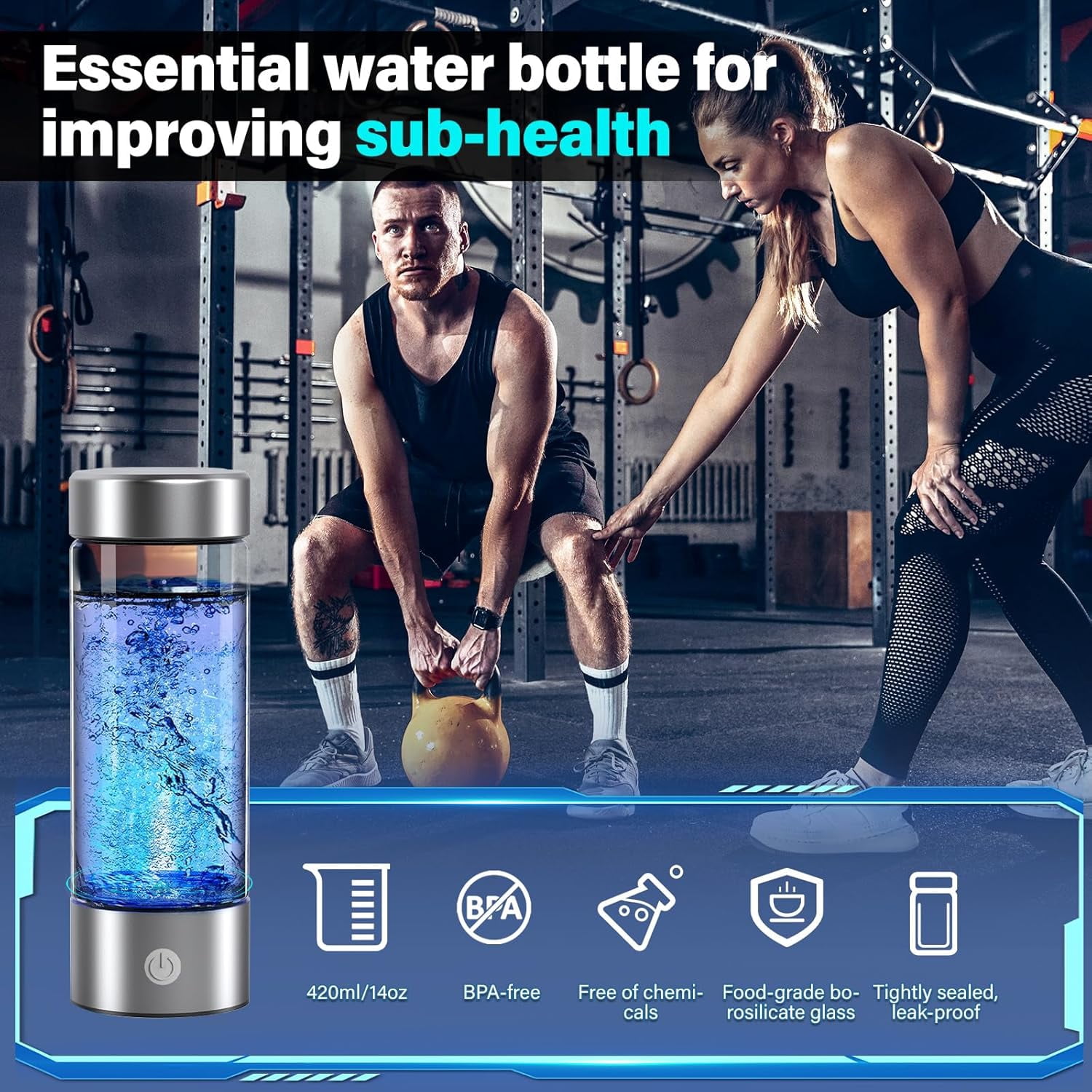 Hydrogen Water Bottle, 3000PPB Portable Hydrogen Water Ionizer Machine, Rechargeable Hydrogen Water Bottle Generator,with SPE & PEM, Hydrogen Water Cup for Exercise, Travel, Home, Office