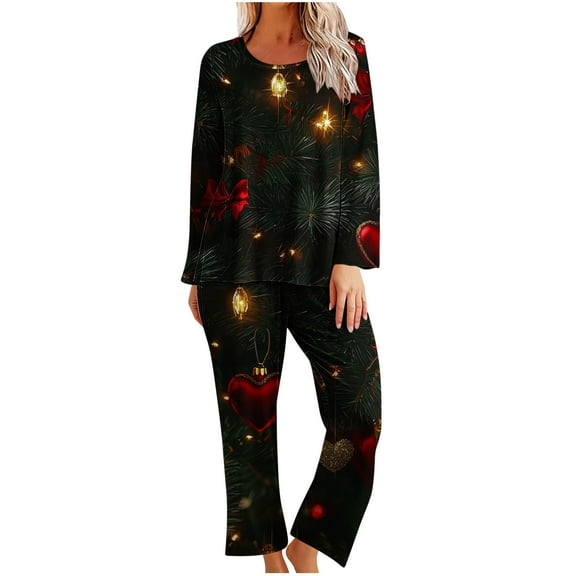 asdoklhq Christmas Pajamas for Women Ladies' Fashion Christmas Print Casual Round Neck Long Sleeve Top Pants Pajama Set Black M