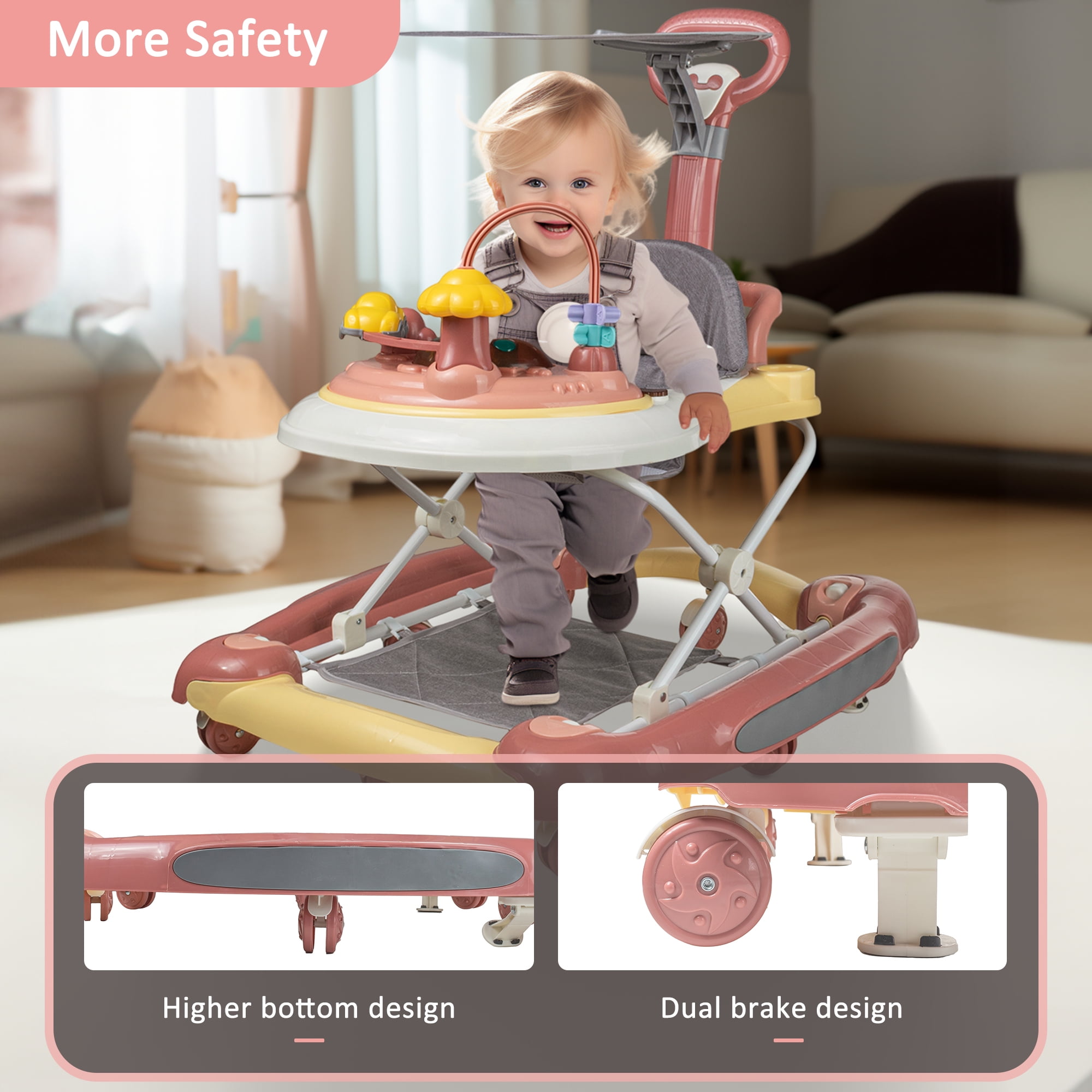 HAOUUCYIN 4-in-1 Baby Walker, Music Activity Push Walker with Wheel, Foldable and Height Adjustable, Pink